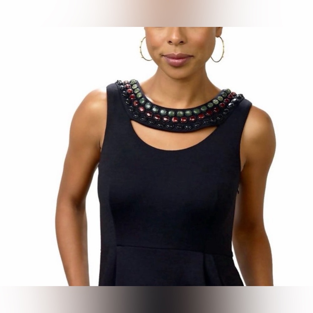 CATHERINE MALANDRINO Size M Embellish Neckline Black Wool Beaded Dress EUC